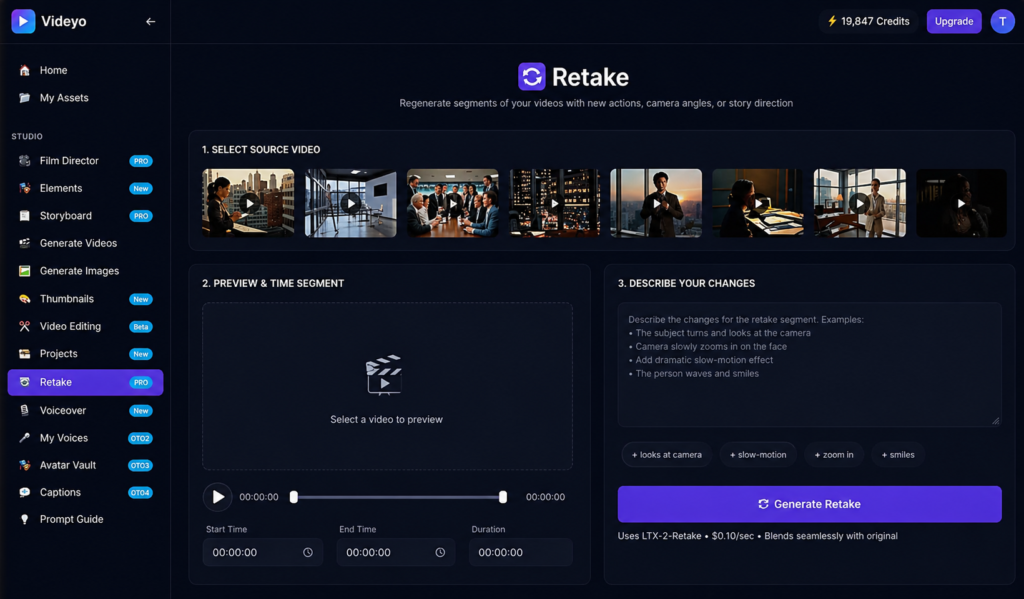 AI video retake tool dashboard