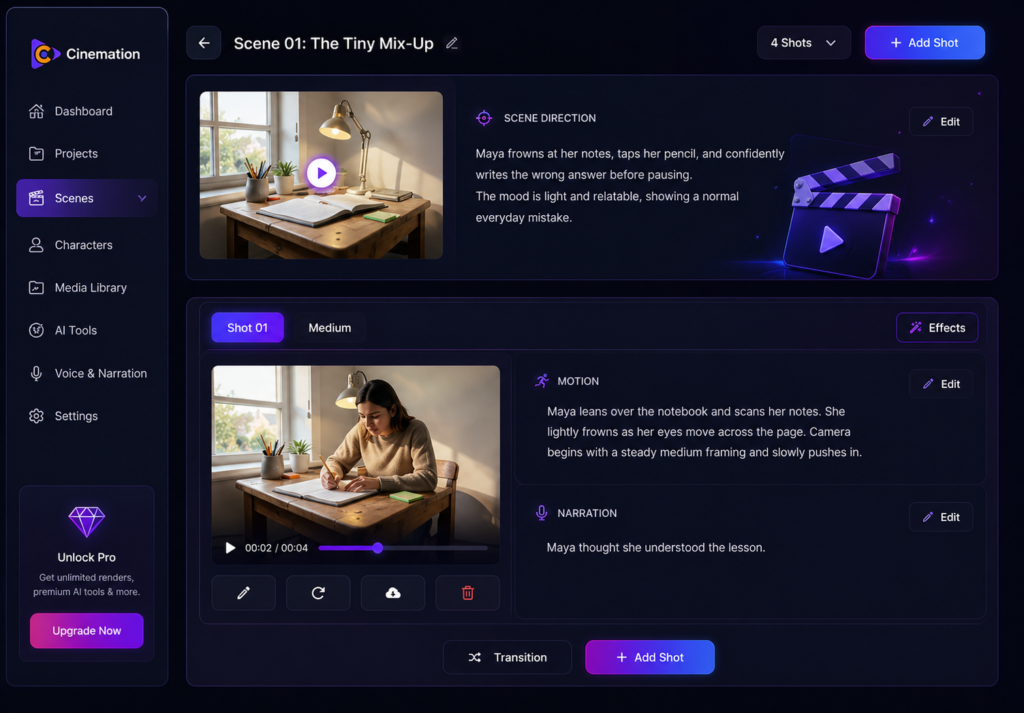 Cinemation visual editor scenes and motion customization